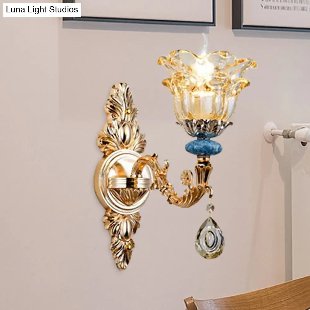 Golden Floral Crystal Wall Lamp Kit - 2-Layer 1/2-Bulb Option For Bedside Mounting