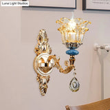 Golden Floral Crystal Wall Lamp Kit - 2-Layer 1/2-Bulb Option For Bedside Mounting