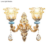 Golden Floral Crystal Wall Lamp Kit - 2-Layer 1/2-Bulb Option For Bedside Mounting