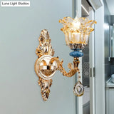 Golden Floral Crystal Wall Lamp Kit - 2-Layer 1/2-Bulb Option For Bedside Mounting