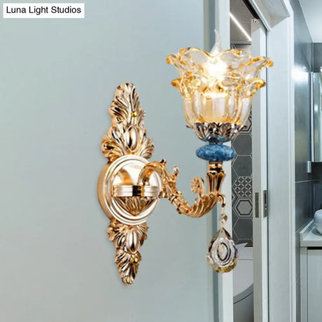 Golden Floral Crystal Wall Lamp Kit - 2-Layer 1/2-Bulb Option For Bedside Mounting
