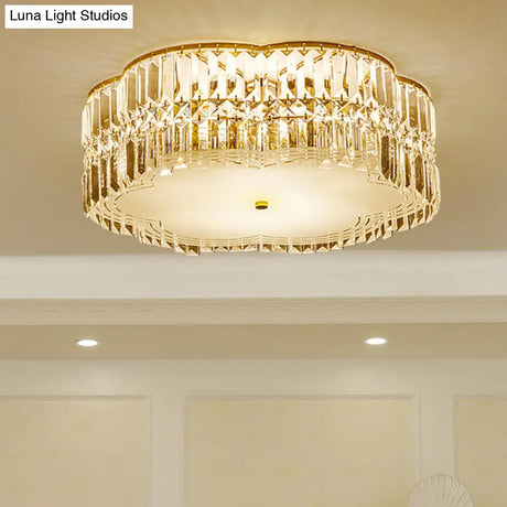 Golden Flower Flush Led Pendant Light With Modern Clear Crystal Design And Acrylic Diffuser -