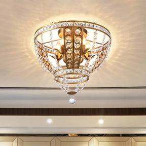 Golden Flushmount Light With 5 Crystal Swag Heads - Farmhouse Bowl Frame Ceiling Fixture Gold