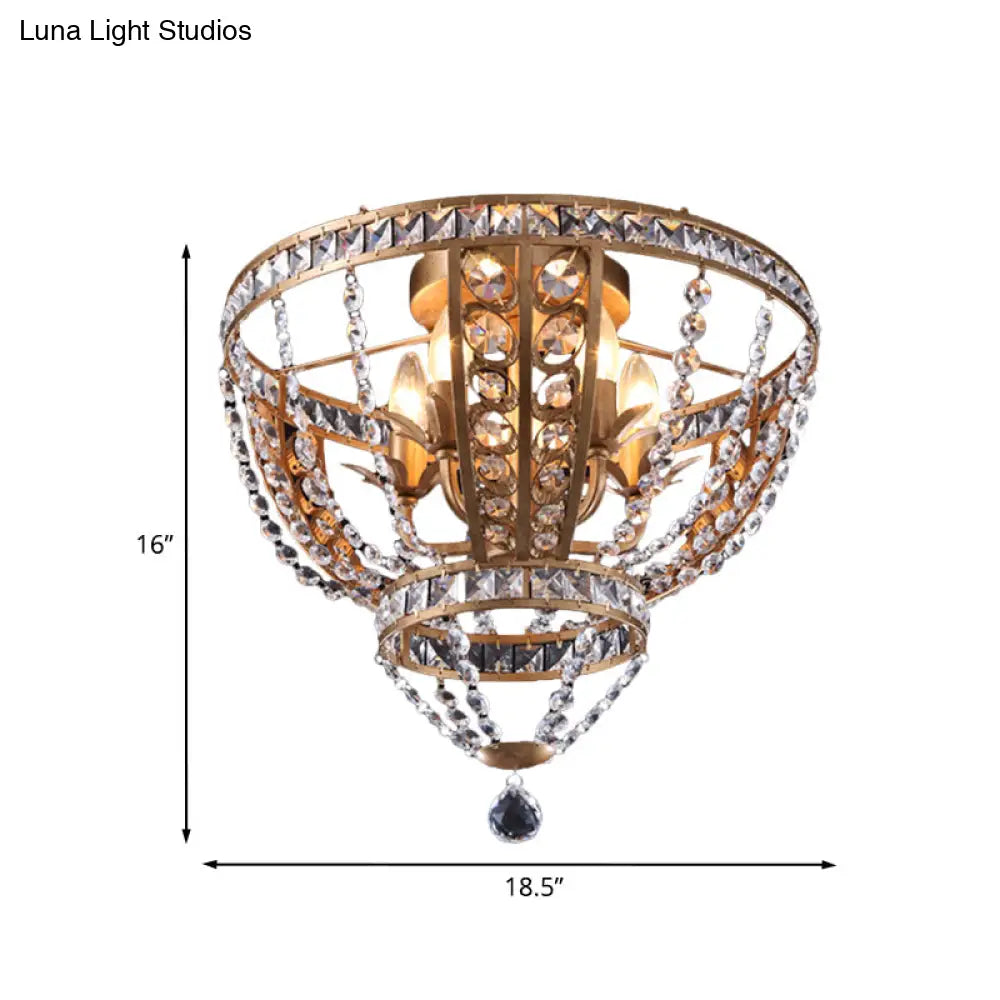 Golden Flushmount Light With 5 Crystal Swag Heads - Farmhouse Bowl Frame Ceiling Fixture