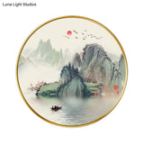 Golden Lake And Mountain Led Wall Lamp: Asian Acrylic Mount Light