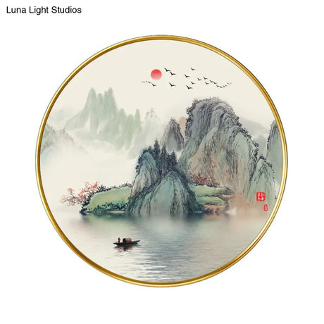 Golden Lake And Mountain Led Wall Lamp: Asian Acrylic Mount Light