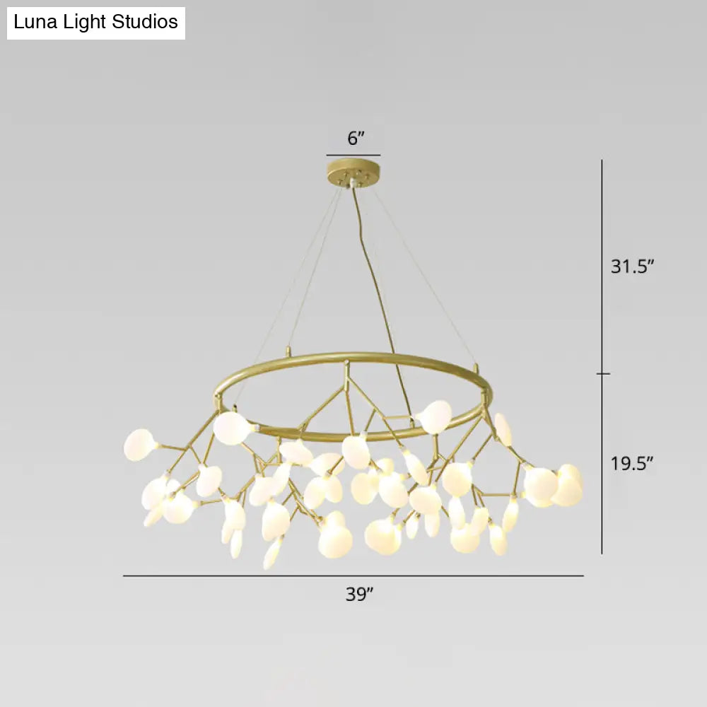 Golden Pendant Chandelier With Leaf Acrylic Shade - 45-Bulb Artistic Living Room Lamp