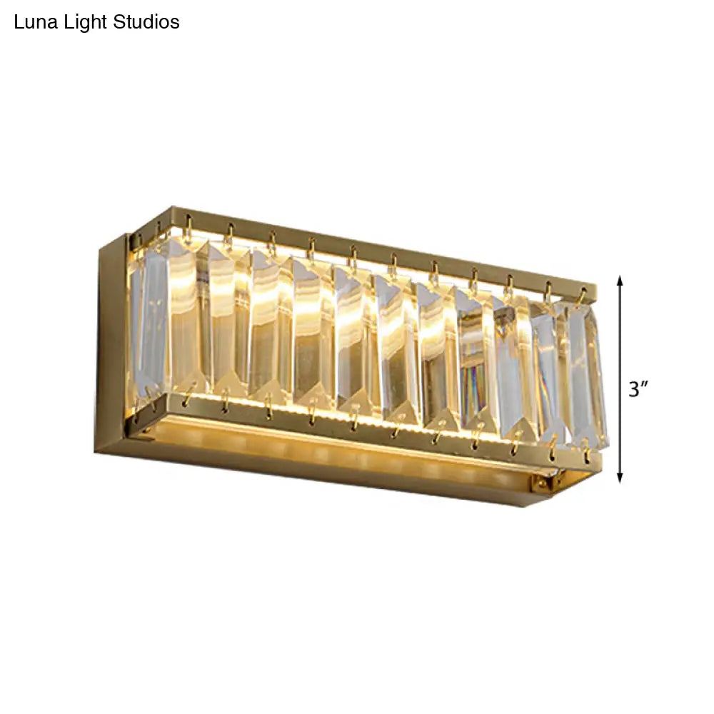 Golden Rectangle Led Wall Mount Light With Clear Faceted Crystal - Modern Metallic Lighting Fixture
