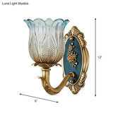 Golden Retro Flower Wall Sconce Fixture With Carved Glass - 1/2 Light Semi-Open Design