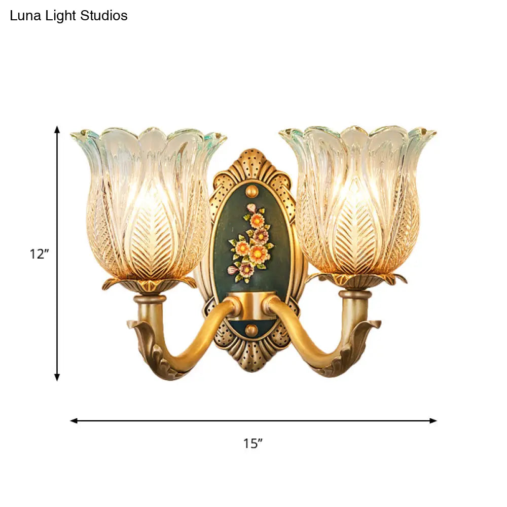 Golden Retro Flower Wall Sconce Fixture With Carved Glass - 1/2 Light Semi-Open Design