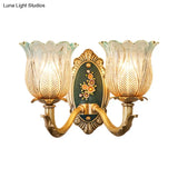Golden Retro Flower Wall Sconce Fixture With Carved Glass - 1/2 Light Semi-Open Design
