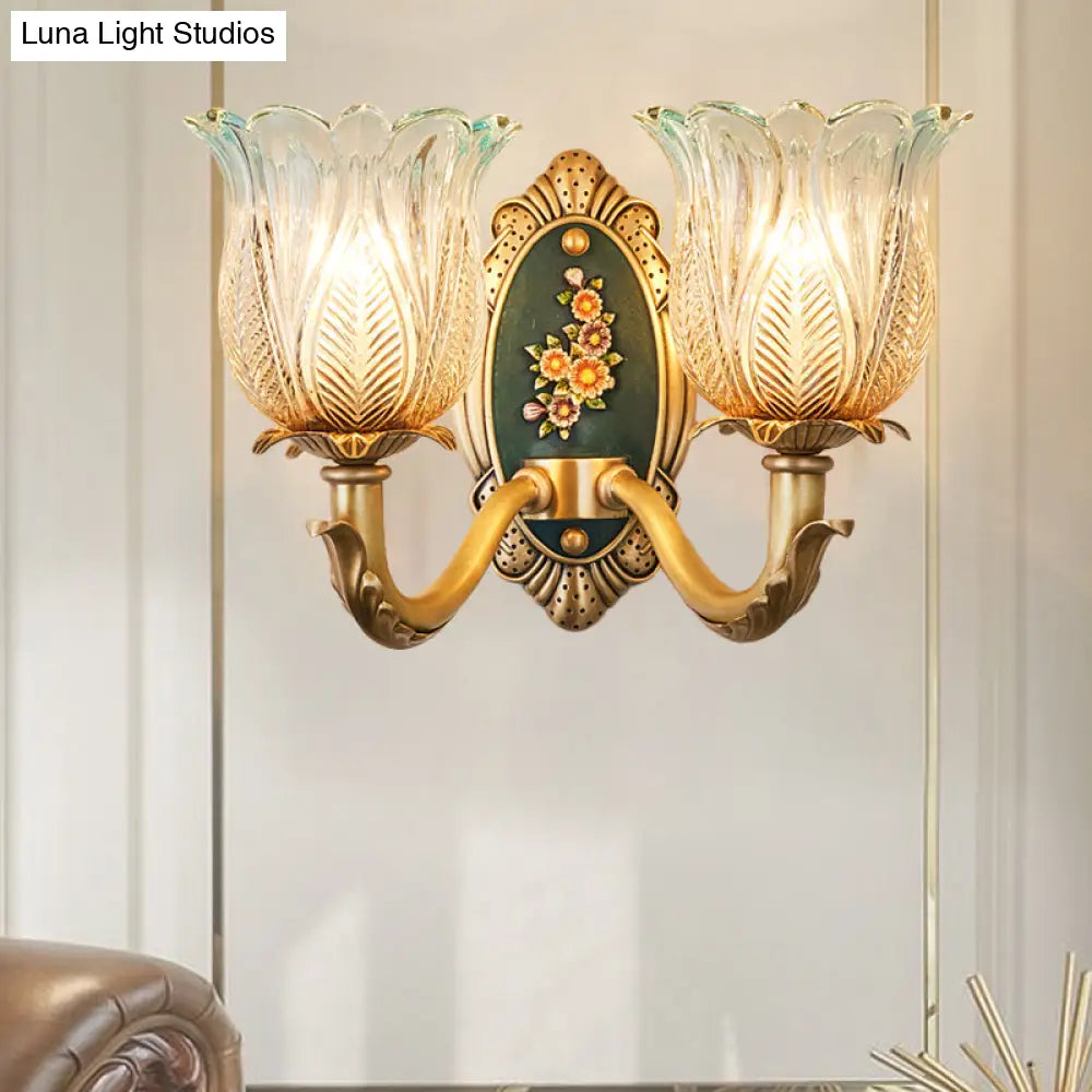 Golden Retro Flower Wall Sconce Fixture With Carved Glass - 1/2 Light Semi-Open Design