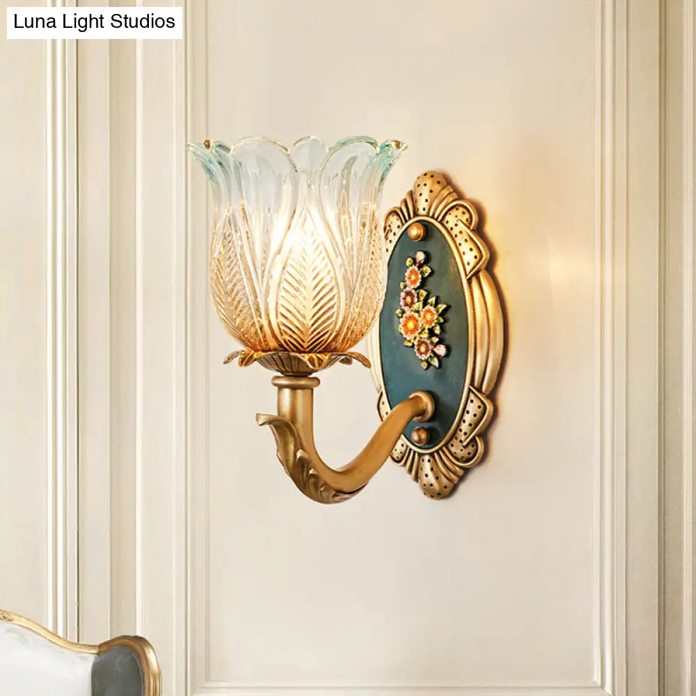 Golden Retro Flower Wall Sconce Fixture With Carved Glass - 1/2 Light Semi-Open Design