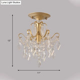 Golden Semi Flush Mount Light With Crystal Droplet - Traditional Bent Arm Design