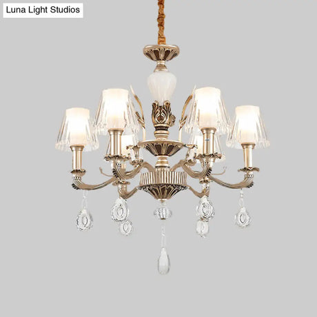 Golden Traditional 6-Light Chandelier With Cone Faceted Crystals - Hanging Lamp Fixture Kit
