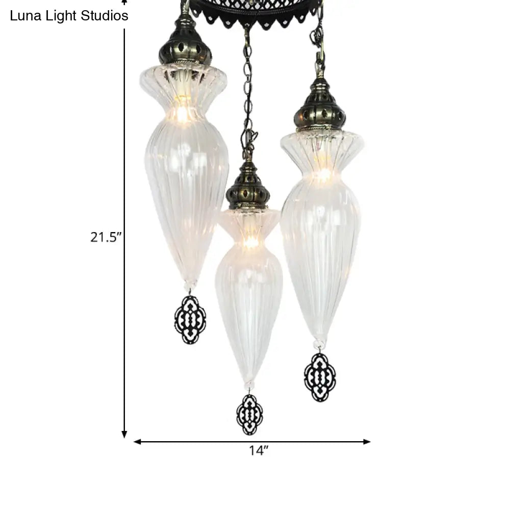 Gourd Chandelier Light With Clear Ribbed Glass - Traditional Pendant Lighting Fixture (3 Bulbs)