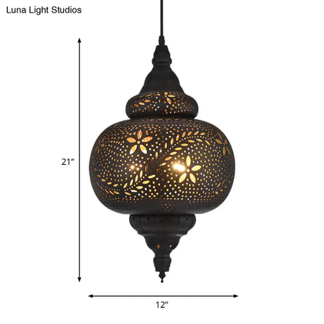 Gourd Hanging Light: Traditional Metal Pendant Fixture In Black 10/12 Wide