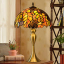 Grape Leaf Night Light With Tiffany Glass Shade - Traditional Bedroom Table Lamp Brass / Mermaid