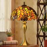 Grape Leaf Night Light With Tiffany Glass Shade - Traditional Bedroom Table Lamp Brass / Mermaid
