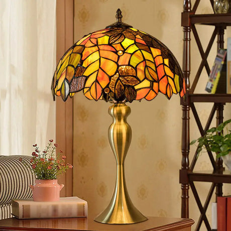 Grape Leaf Night Light With Tiffany Glass Shade - Traditional Bedroom Table Lamp Brass / Mermaid