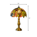 Grape Leaf Night Light With Tiffany Glass Shade - Traditional Bedroom Table Lamp Brass / Straight