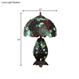 Grape-Pattern Tiffany Stained Glass Night Lamp With 2 Bulbs - Blackish Green Table Lighting