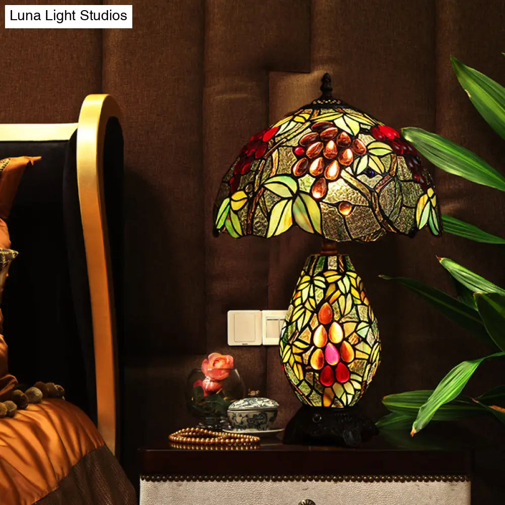 Grape-Pattern Tiffany Stained Glass Night Lamp With 2 Bulbs - Blackish Green Table Lighting