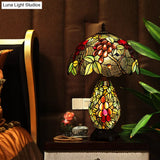 Grape-Pattern Tiffany Stained Glass Night Lamp With 2 Bulbs - Blackish Green Table Lighting