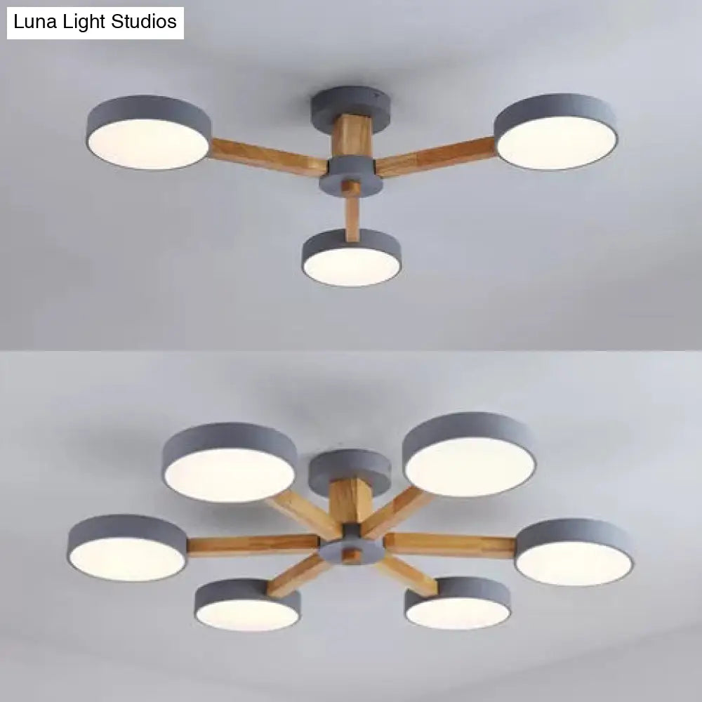 Gray Wood Macaron Loft Led Circle Chandelier: Stylish Living Room Hanging Light