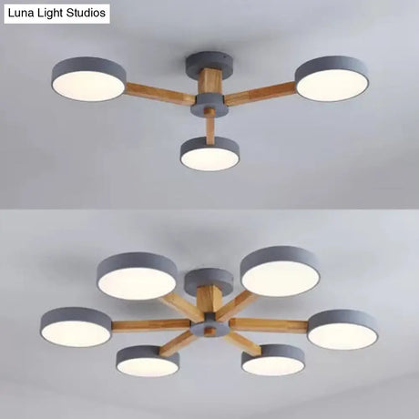 Gray Wood Macaron Loft Led Circle Chandelier: Stylish Living Room Hanging Light