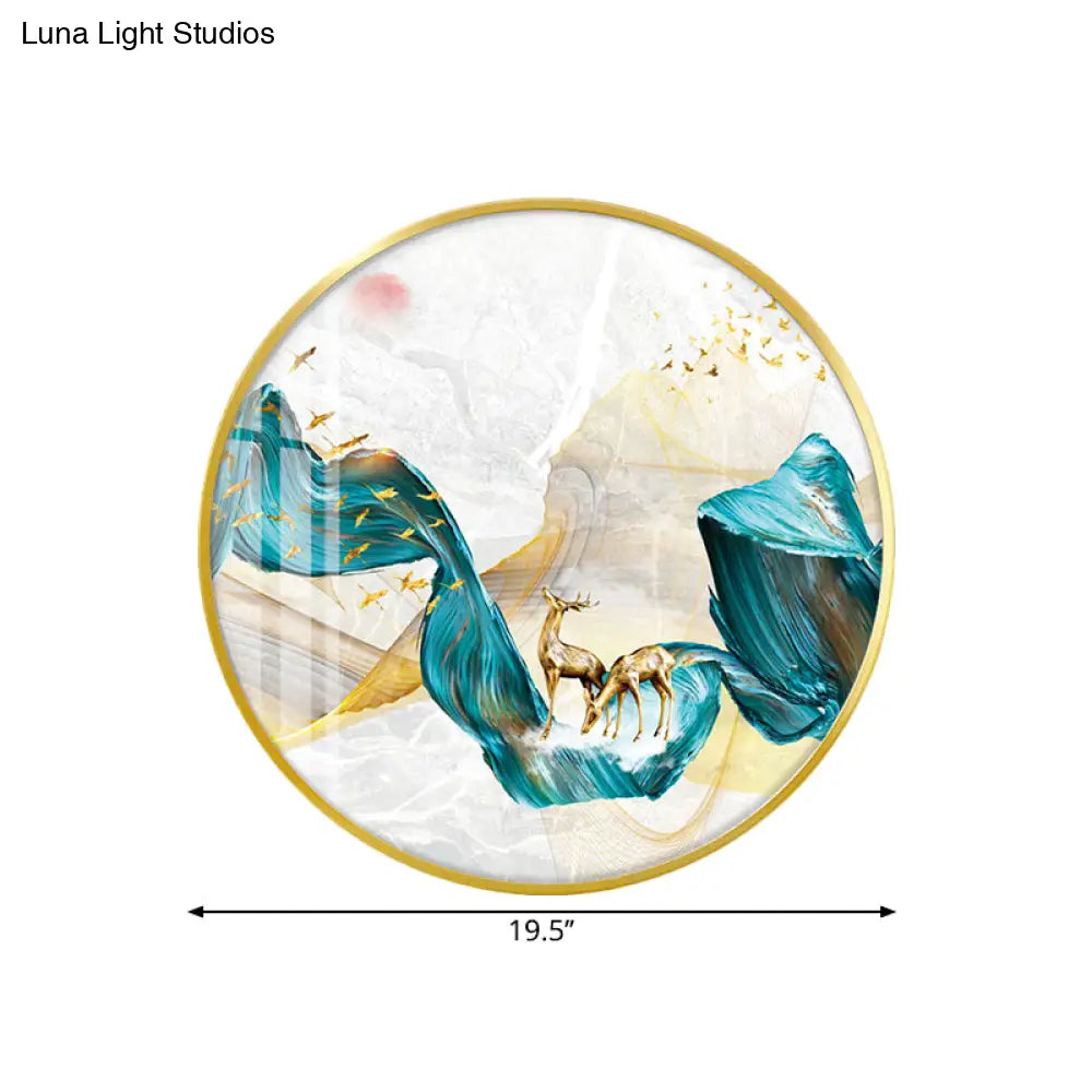 Green Asian Led Wall Mounted Light With Elk Bird And Tree Pattern
