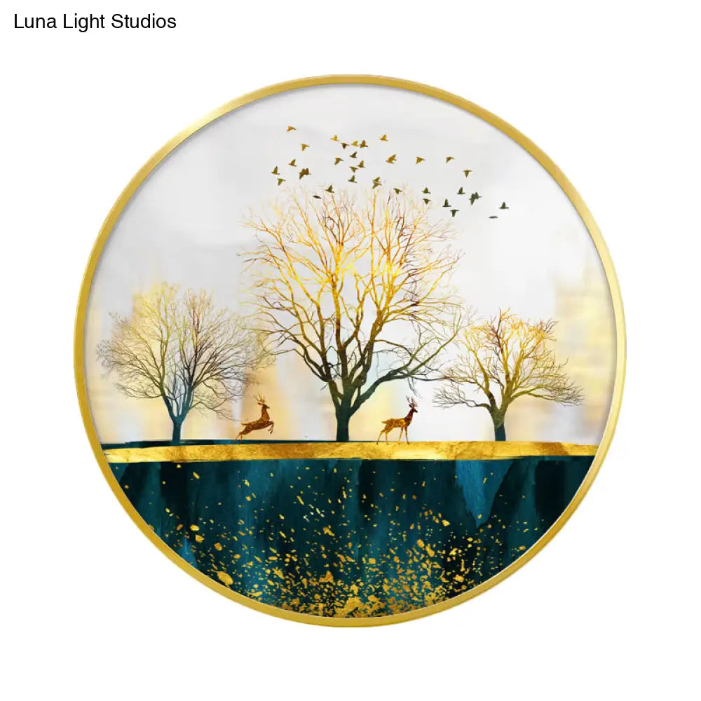 Green Asian Led Wall Mounted Light With Elk Bird And Tree Pattern