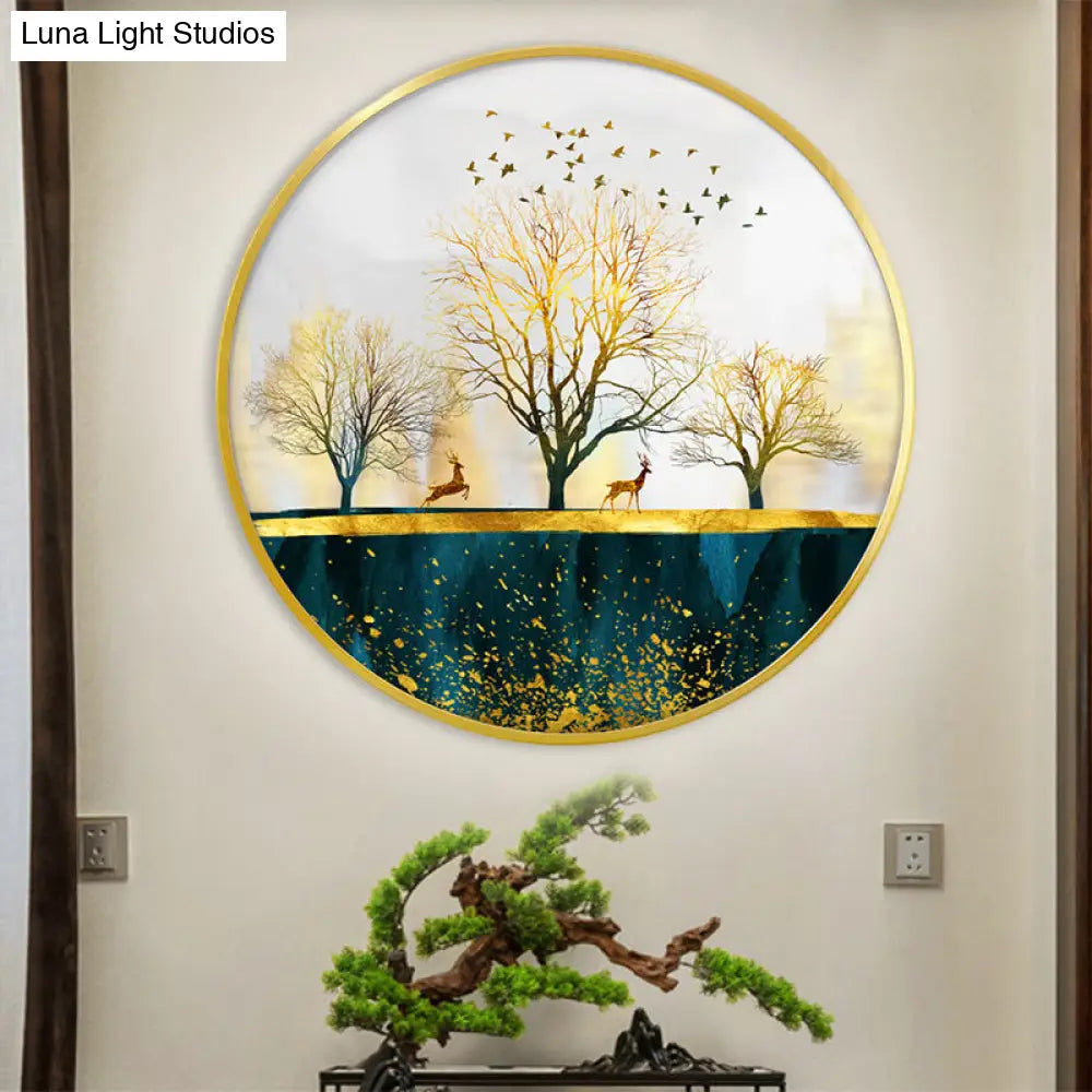 Green Asian Led Wall Mounted Light With Elk Bird And Tree Pattern