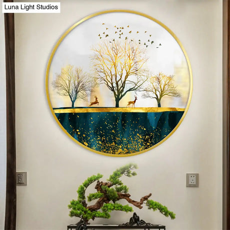 Green Asian Led Wall Mounted Light With Elk Bird And Tree Pattern