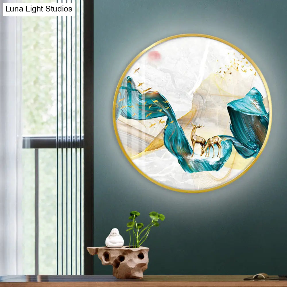 Green Asian Led Wall Mounted Light With Elk Bird And Tree Pattern