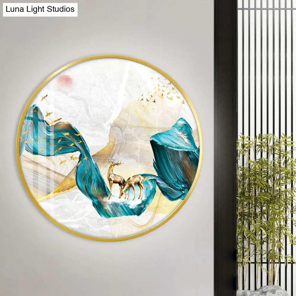 Green Asian Led Wall Mounted Light With Elk Bird And Tree Pattern