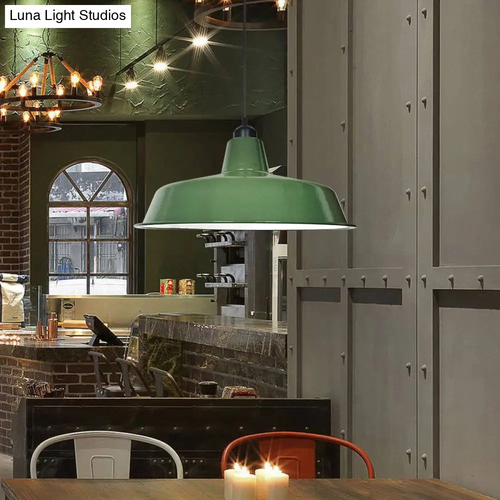 Green Barn Pendant Lamp - Loft Style Metal 1-Bulb Suspension Light For Dining Room