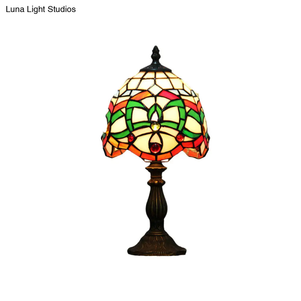 Green Baroque Glass Table Lamp With Hand Cut Bowl Shade - Bedroom Night Lighting