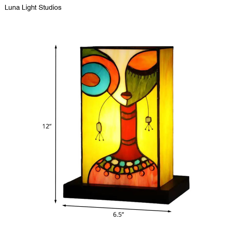 Green Baroque Rectangle Night Lamp With Hand-Cut Glass: Abstract Woman Pattern