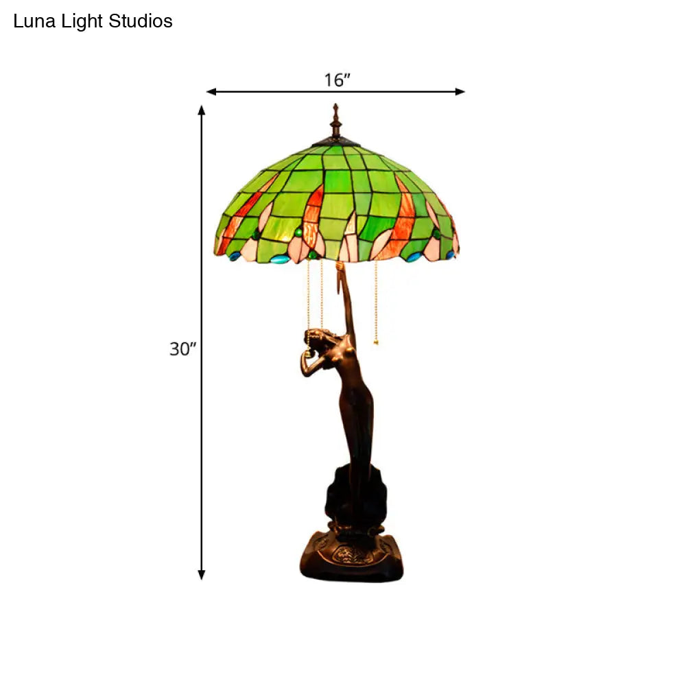 Green Glass Coffee Dancer Nightstand Resin Table Light With Tiffany Shade & Pull-Chain - 3 Bulb