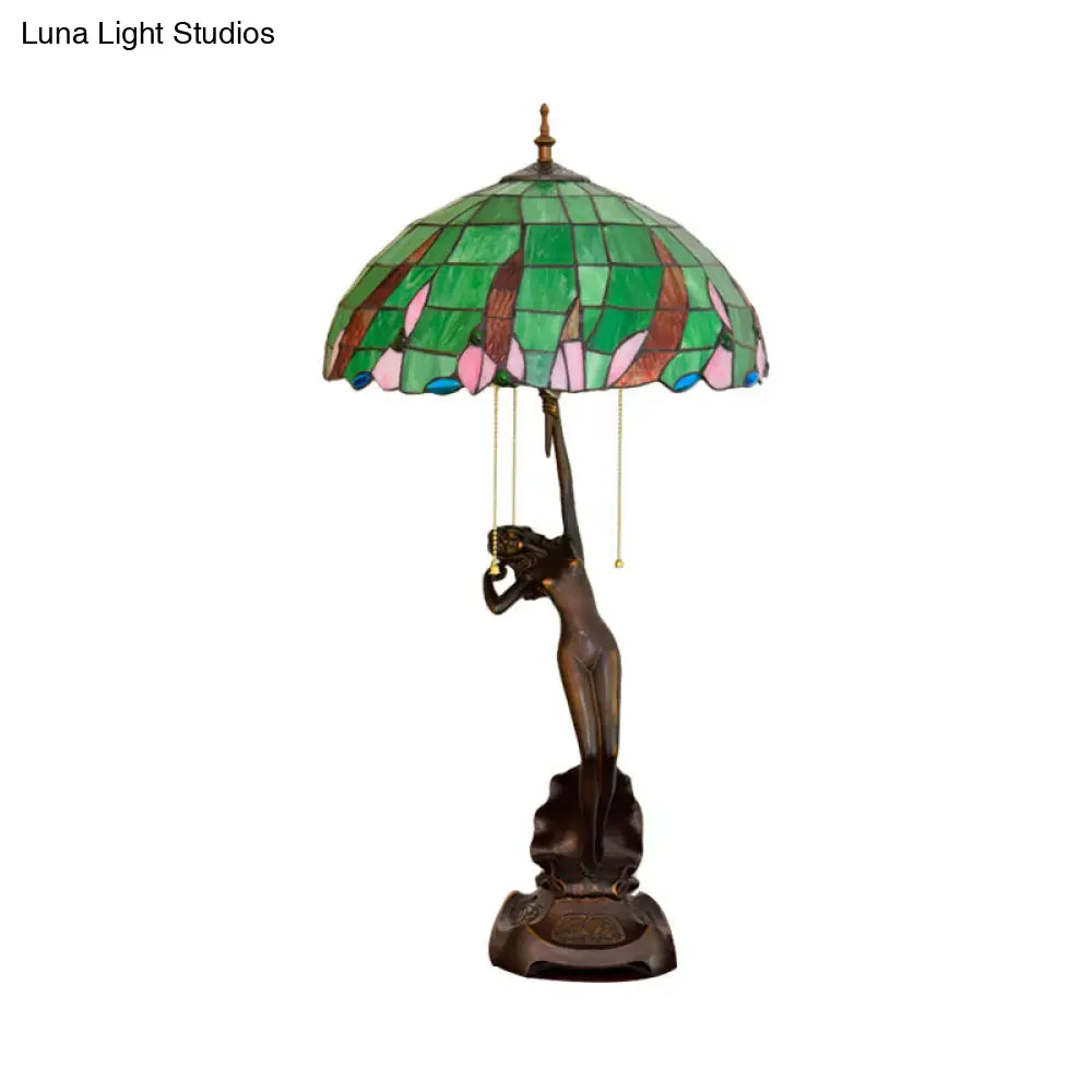 Green Glass Coffee Dancer Nightstand Resin Table Light With Tiffany Shade & Pull-Chain - 3 Bulb