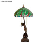 Green Glass Coffee Dancer Nightstand Resin Table Light With Tiffany Shade & Pull-Chain - 3 Bulb