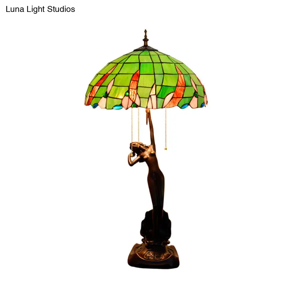 Green Glass Coffee Dancer Nightstand Resin Table Light With Tiffany Shade & Pull-Chain - 3 Bulb
