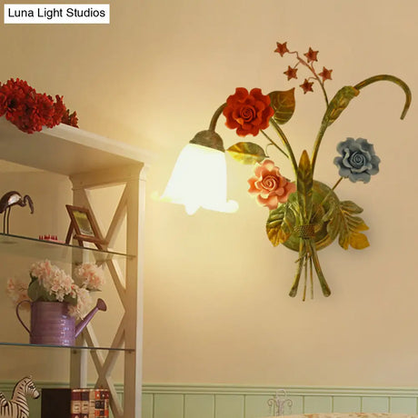Green Glass Flower Wall Sconce With Curved Arm - Korean Garden Lamp