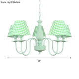 Green Macaron Loft Plaid Shade Chandelier - Metal 4-Light Hanging Light For Nursing Room