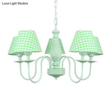 Green Macaron Loft Plaid Shade Chandelier - Metal 4-Light Hanging Light For Nursing Room