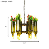 Green Metal 6-Head Industrial Chandelier Pendant Light With Plant Design