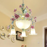 Green Metal Bowl Chandelier - Romantic Pastoral 5/7 Bulb Dining Room Drop Lamp With Rose Accents 7 /