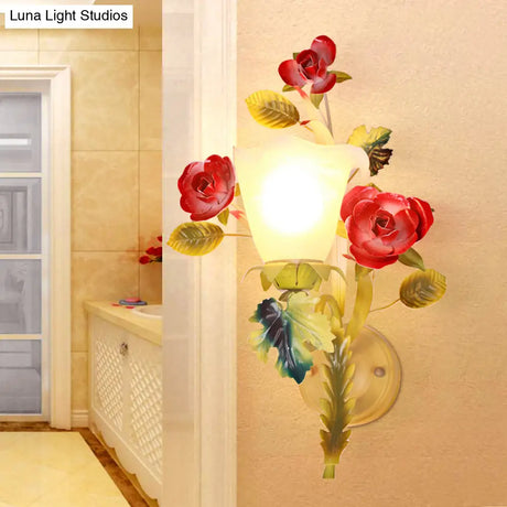 Green Metal Wall Sconce With Blossom Design - Perfect For Bedroom Lighting