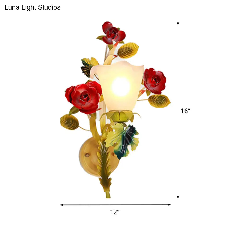 Green Metal Wall Sconce With Blossom Design - Perfect For Bedroom Lighting